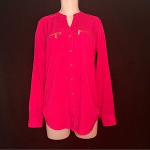 Women's S Solid Pink Loose Gold Button Long Sleeve Button Up - Calvin Klein